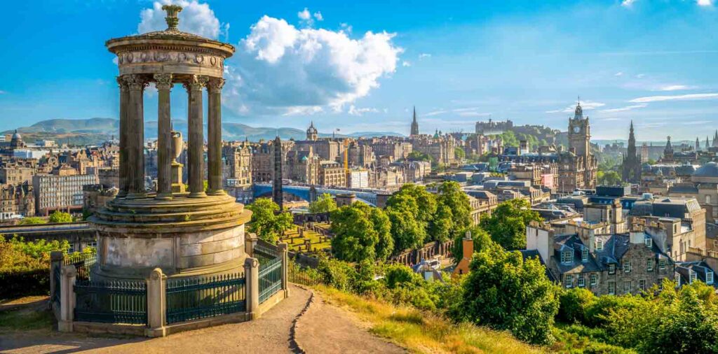 This iconic view from Calton Hill in Edinburgh, Scotland